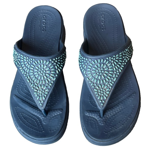 Crocs Monteray Wedge Sandals Beaded Embellished Navy Turquoise‎ Womens 7 - Picture 1 of 8